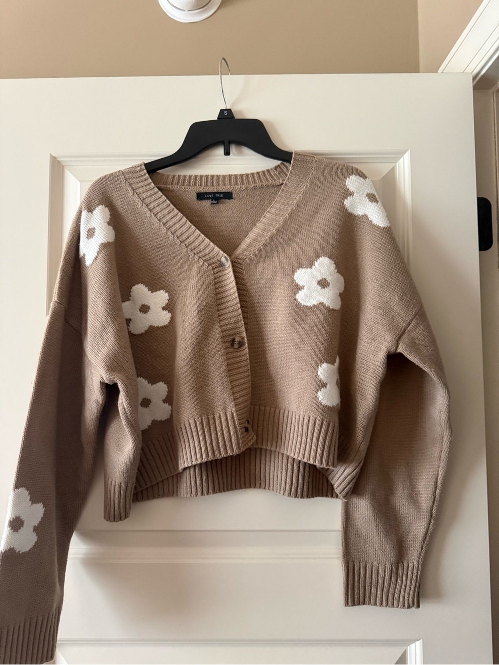 Love Tree Taupe Cardigan with White Floral Knit